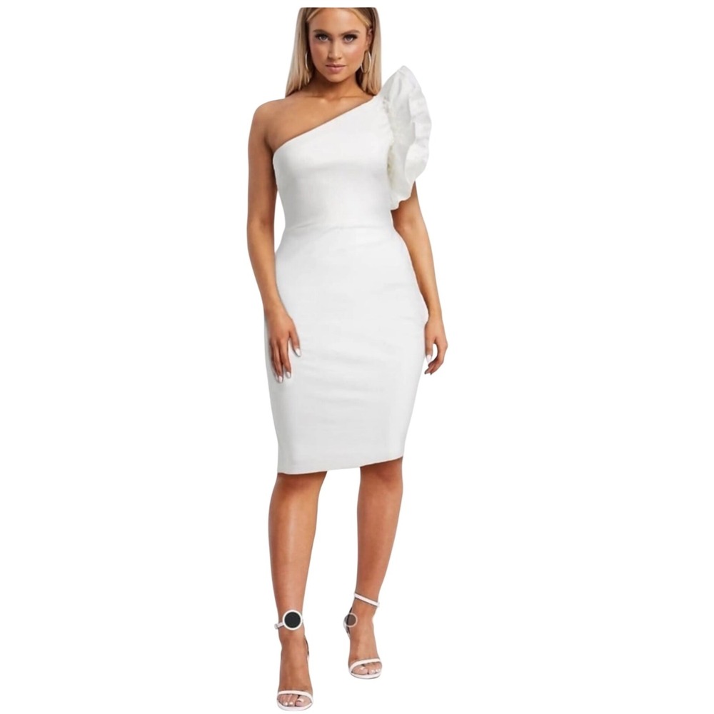 Vesper‎ White One Shoulder Ruffle Sleeve Midi Bodycon lined Dress 8 pencil skirt